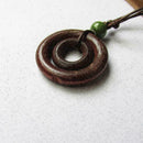 Unisex Retro Double Circle Pendant Brown Wood Bead Pendant Rope Chain Neckl S9C2