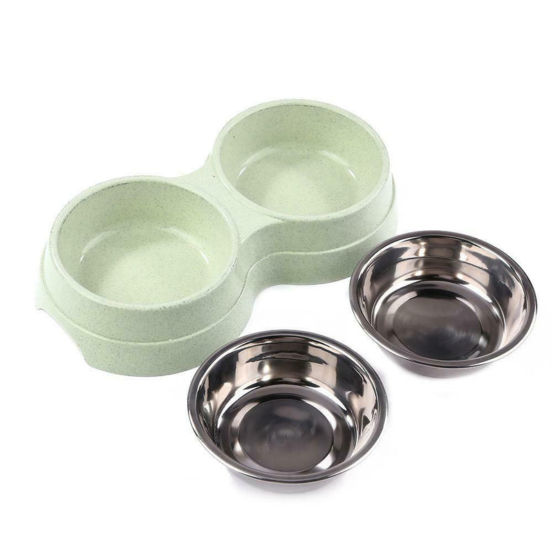 Dog Double Bowl Puppy Food Feeder Stainless Steel Pet Drinking Dish (Green) A