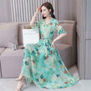 Elegant Floral Print Maxi Women Summer V-neck Short Sleeve Belt Dresses (M) A