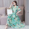 Elegant Floral Print Maxi Women Summer V-neck Short Sleeve Belt Dresses (M) A