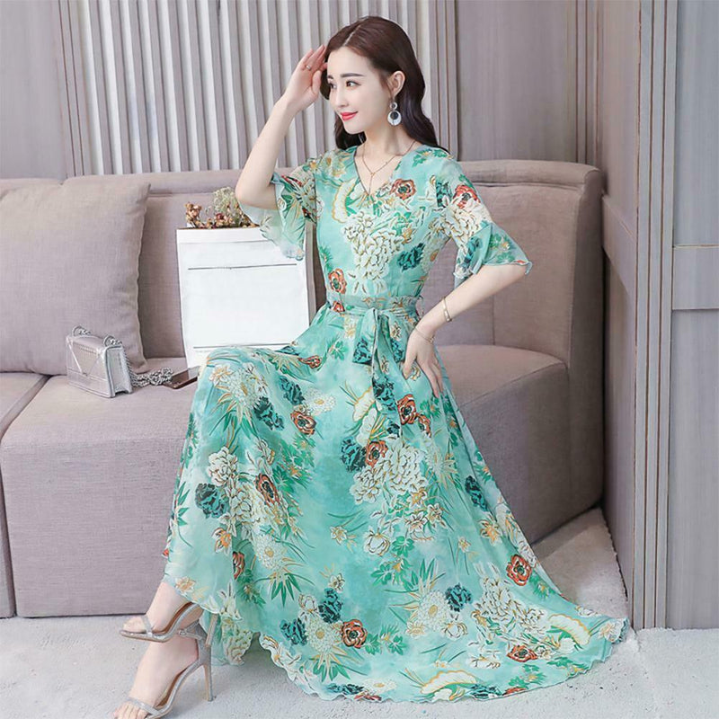 Elegant Floral Print Maxi Women Summer V-neck Short Sleeve Belt Dresses (M) A