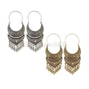 2 Pairs Retro Boho Ethnic Tribal Carved Beads Dangle Hoop Statement Earrings
