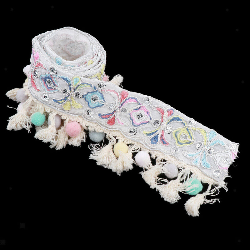 1 Yard Sequins Jacquard Ribbon Trim with Pom Poms Tassel Crafts Supplies