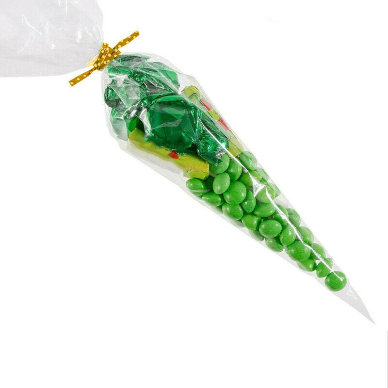 600pcs Clear Cellophane Cone Bags Twist Ties Large Size Party Sweet Cello Candy