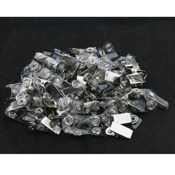 Pack of 100 Metal ID Card Name Tag Badge Holder Clips, with Clear PVC Strap,