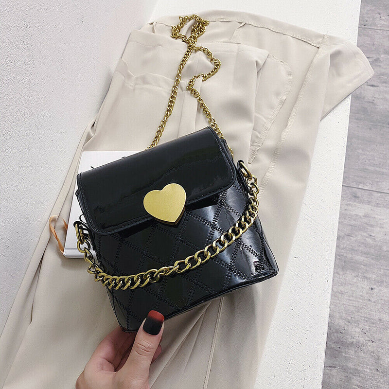 Women Bucket Shoulder Bag Leather Love Buckle Chain Crossbody Bags (Black)
