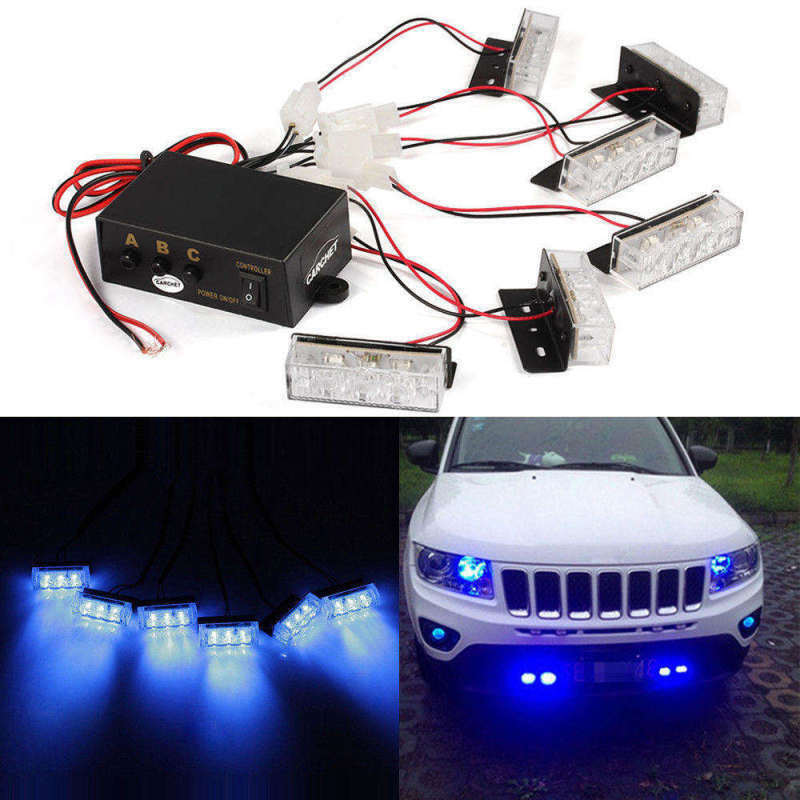 1 Set Car 6X 3 LEDs Blue Strobe Emergency Flashing Police Warning Grill Light