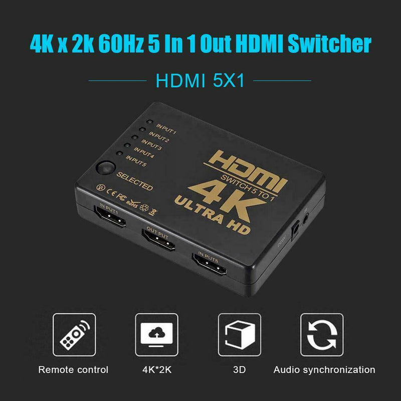 4K HD 1080P 5 Port HDMI Auto Switch Switcher Selector Splitter Hub IR Remote