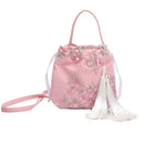 Flower Decor Drawstring Shoulder Bags Women Crossbody Tassel Bag (Pink)