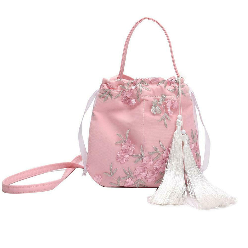 Flower Decor Drawstring Shoulder Bags Women Crossbody Tassel Bag (Pink)