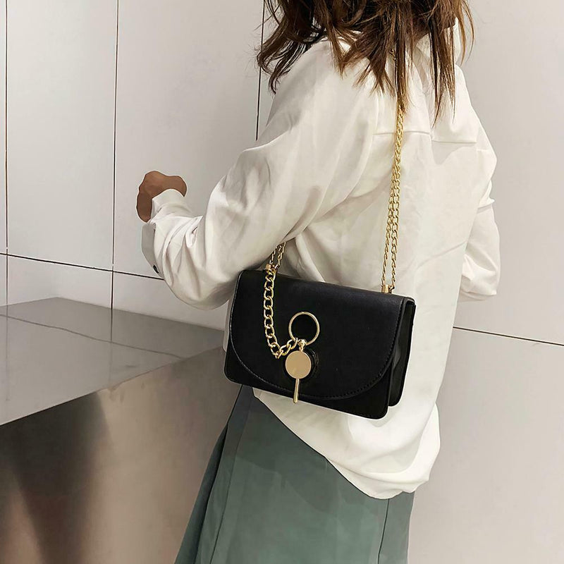 Fashion Women Messenger Bag Leather Pure Color Chain Shoulder Bag (Black)