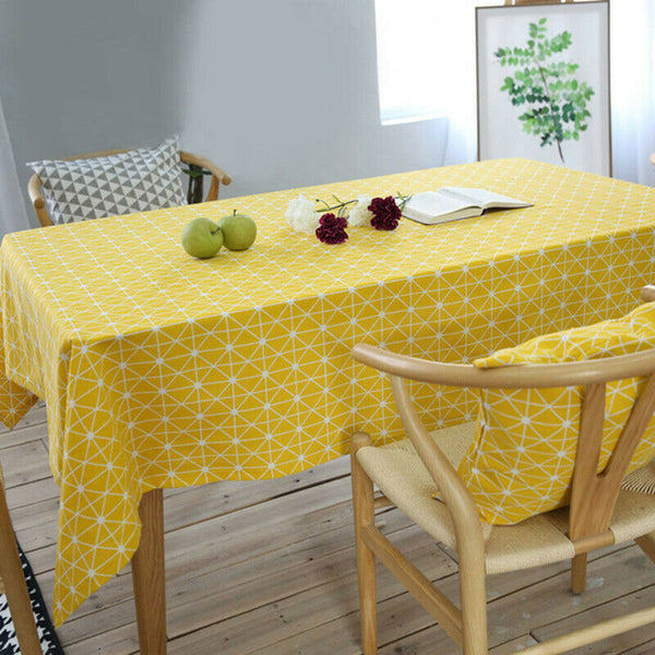 Yellow Chessboard Decorative Table Cloth Cotton Linen Tablecloth Dining Tab J8K1