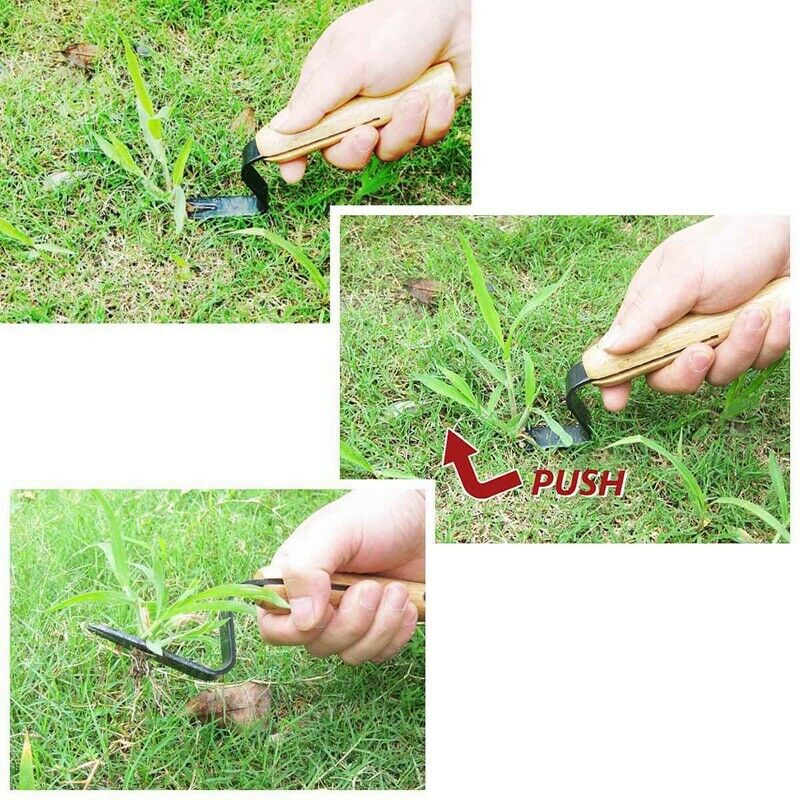 Forked Head Hand Weeder Puller Patio Carbon Steel Wood Handle Garden Remove