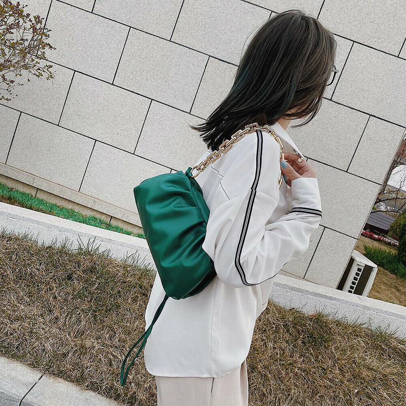 Women Chain Shoulder Bags PU Leather Cloud Party Clutch Handbag (Green)