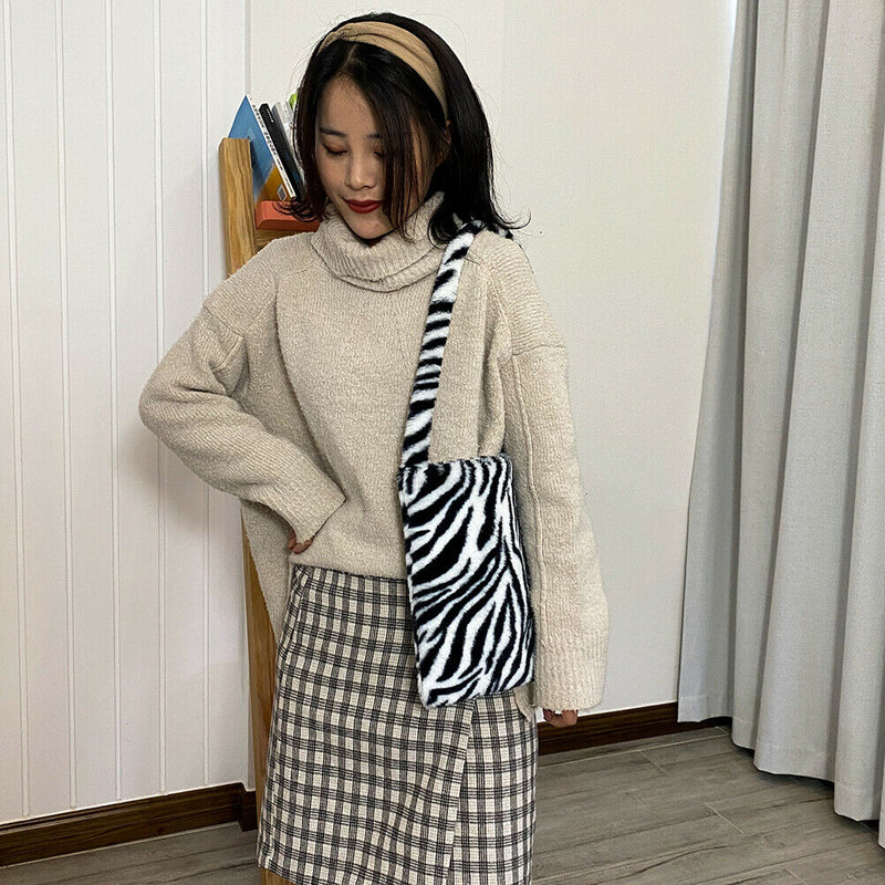 Casual Women Shoulder Trunk Plush Autumn Crossbody Bag Tote (Zebra Pattern)