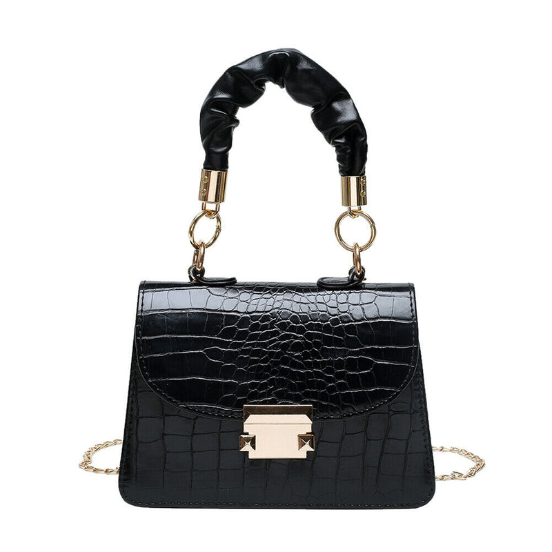Alligator PU Shoulder Bag Women Pleated Totes Retro Chain Handbag (Black)
