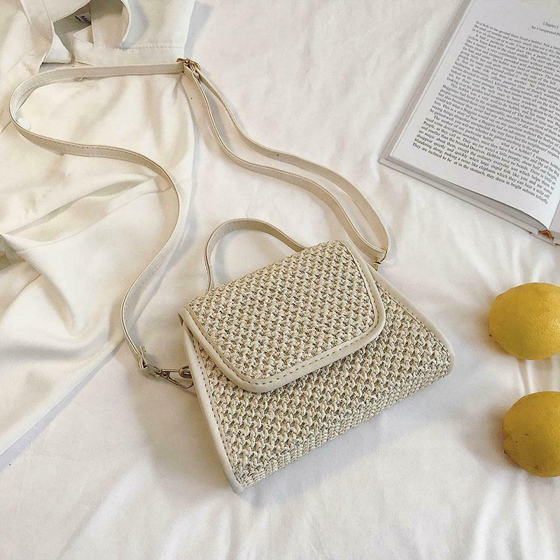 Retro Hit Color Shoulder Handbags Women Flap Woven Crossbody Bags (Beige)