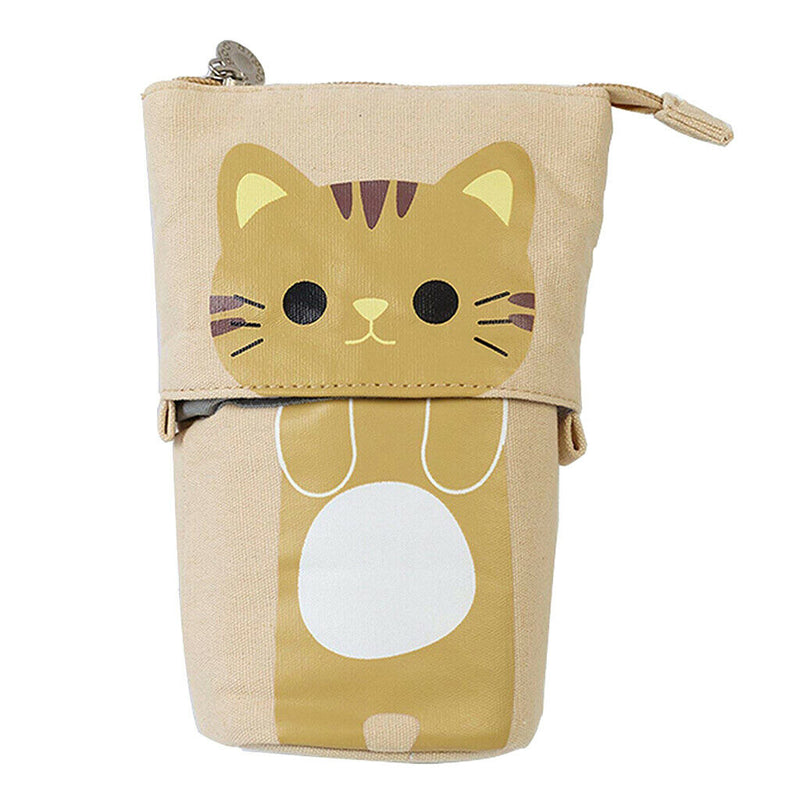 Cute Cat Pencil Case Flexible Pen Bag Zipper Box Makeup Brush Pouch Brown