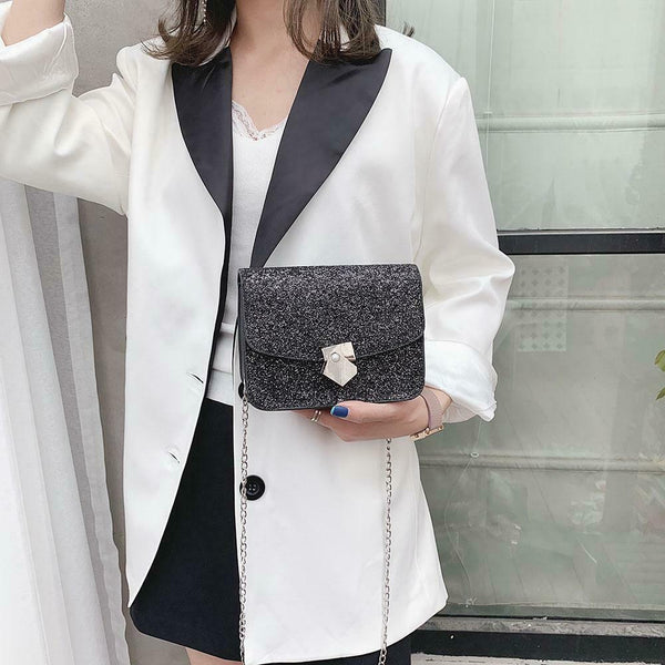 Solid Color Women PU Leather Shoulder Bag Flap Chain Messenger Bag (Black) A#S