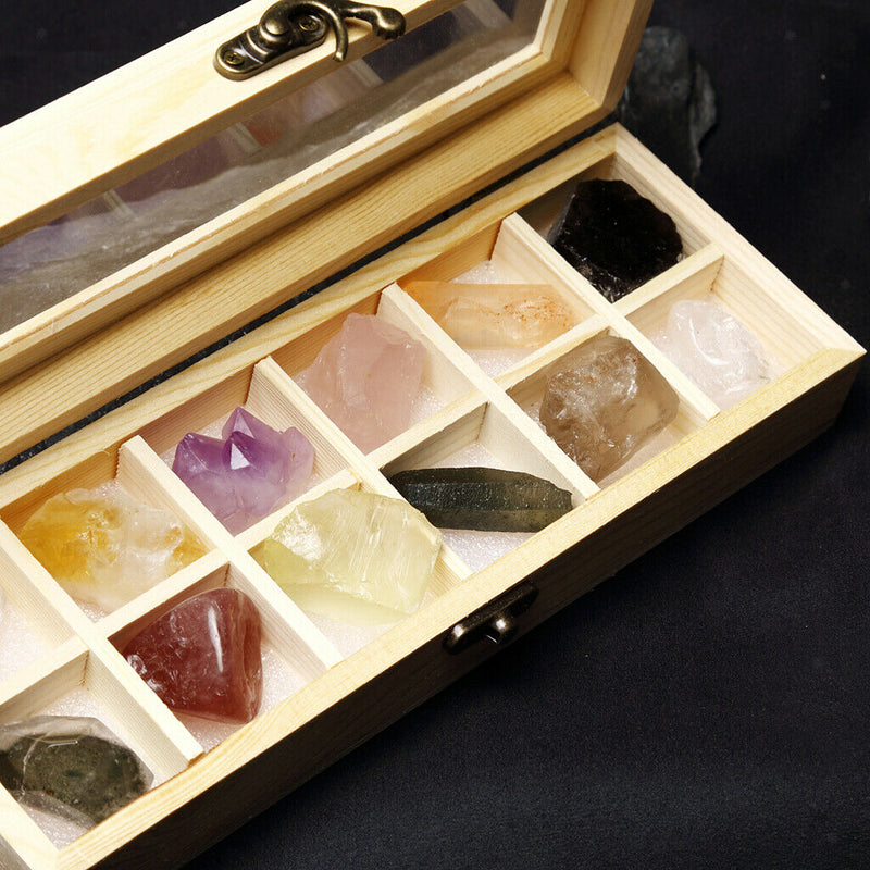 Rock and Mineral Collection 12-piece in Wooden Box, Rock Samples for Science