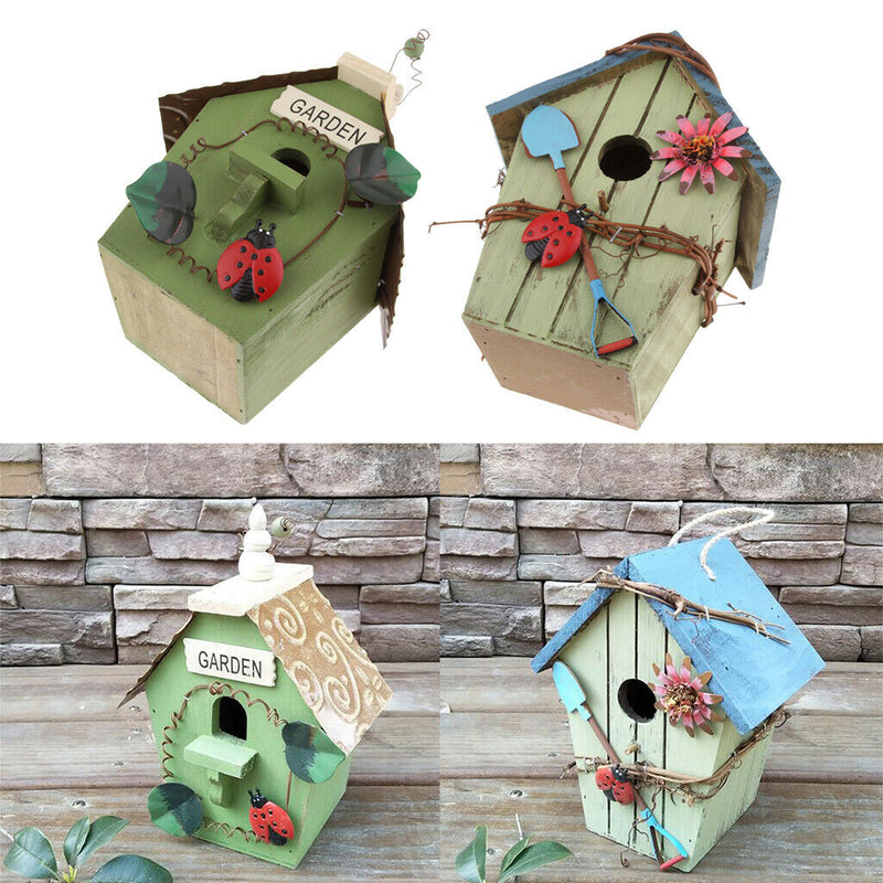 2 x Hand-painted Wooden Birdhouse with Jute Cord Home Outdoor Garden Decoration