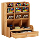 Wood Color Multi-Function Wood 13 Grids Desktop Stand Holder Cosmetic Brush