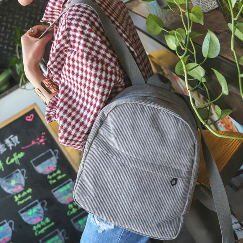 Preppy Chic Casual Women Corduroy Backpack Simple School Travel Bag(Gray)