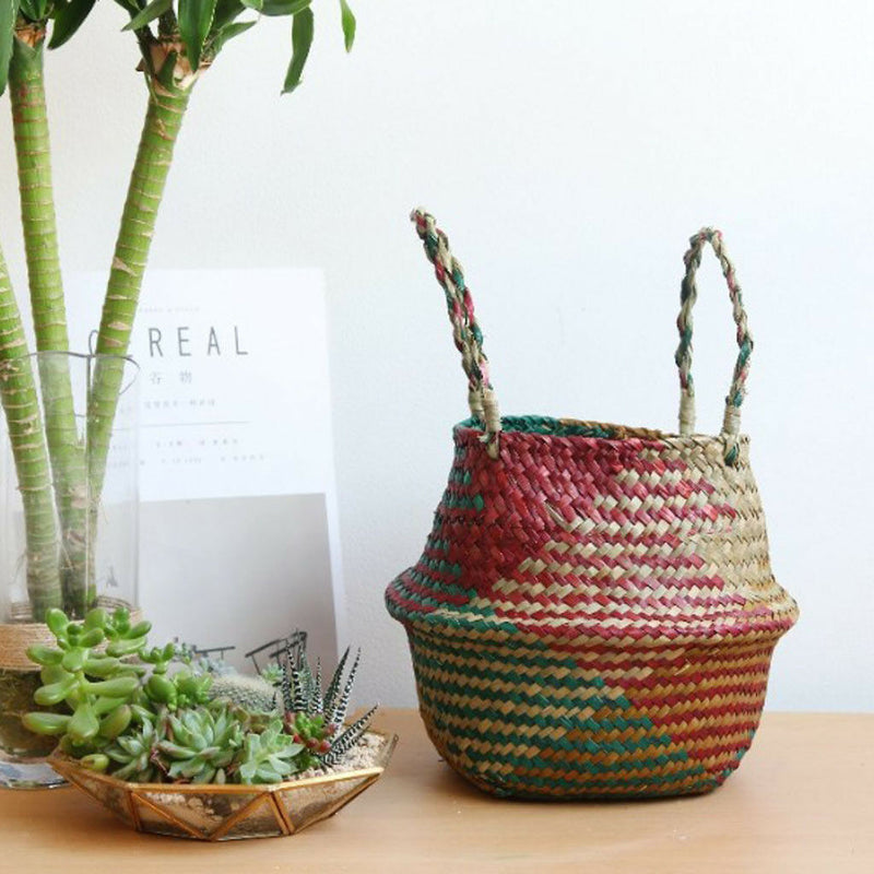 Wicker Storage Basket Planter Flowerpot Vase Holder Handled Bag Basket Red