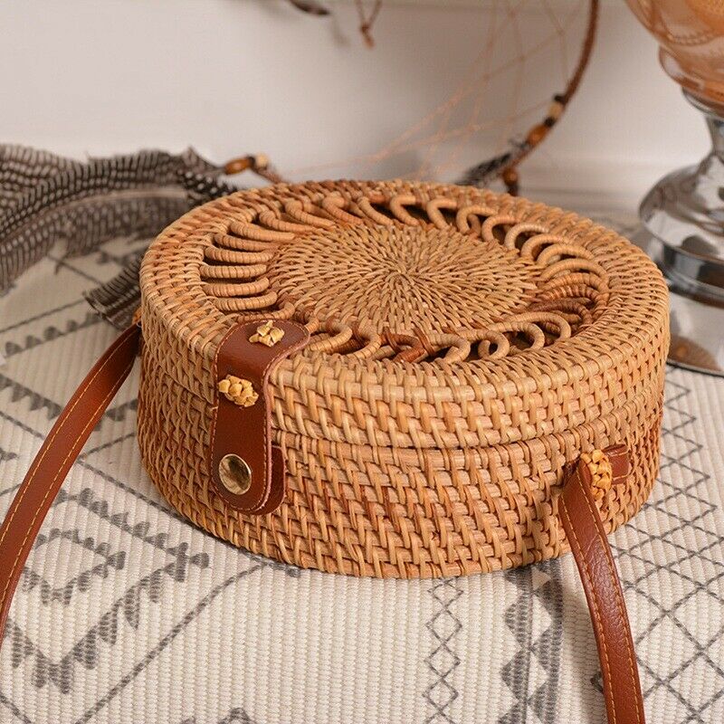 Handmade Woven Rattan Bag Women Straw Bag Bamboo Circular Beach Bags Summer B9J6
