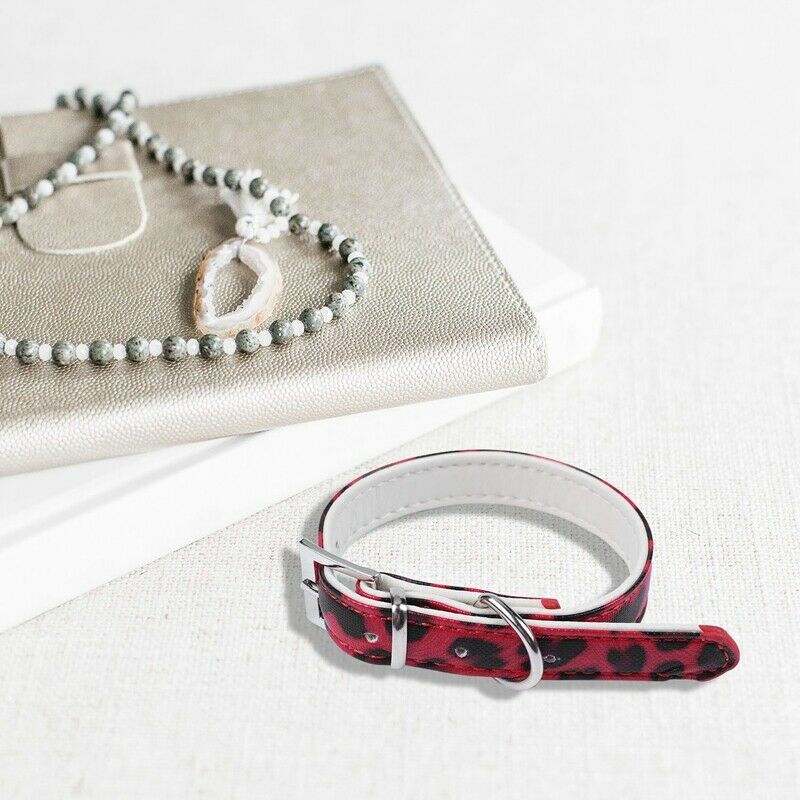 Adjustable PU leather Red Leopard collar for dogs cats size XS