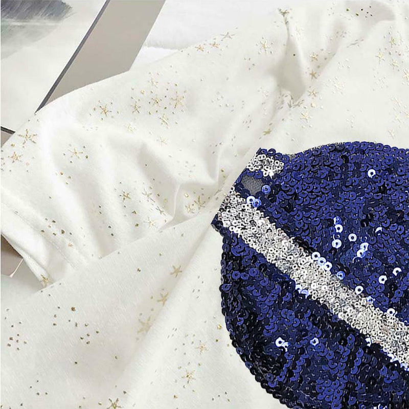 Summer Women Loose T-shirt Star Print Sequin Short-Sleeve Tops (White) (M)
