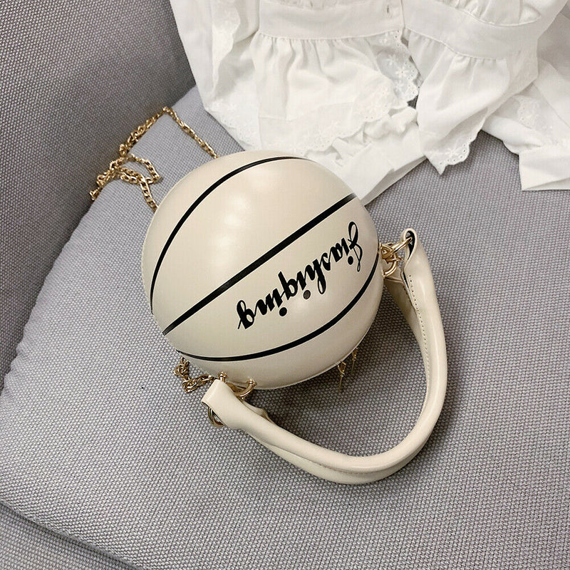 Round Basketball Women Leather Shoulder Messenger Bag Chain Handbag (White)
