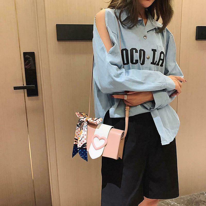 Fashion Hit Color Women Crossbody Bag Scarf PU Leather Shoulder Bags (Pink)