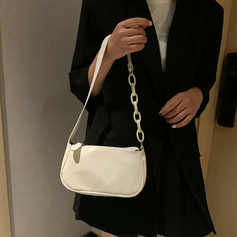 Soft PU Women Handbag Female Pure Chain Underarm Shoulder Tote Bag (White)