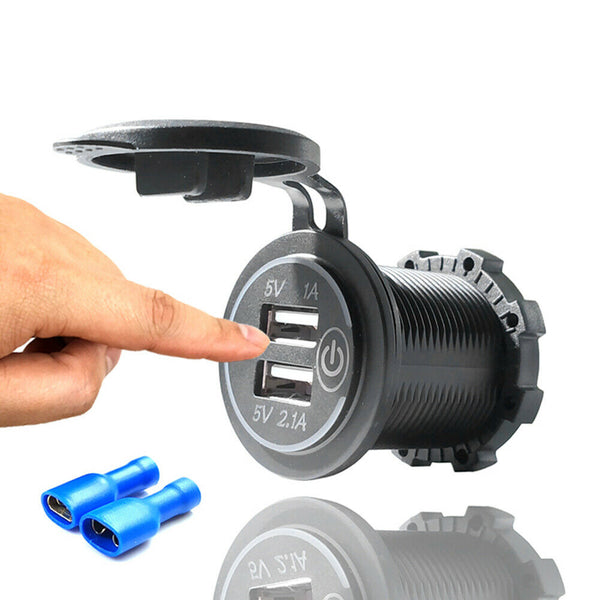 Car Boat Motorcycle Touch Switch 3.1A Dual USB Charger Socket with 2 Terminals