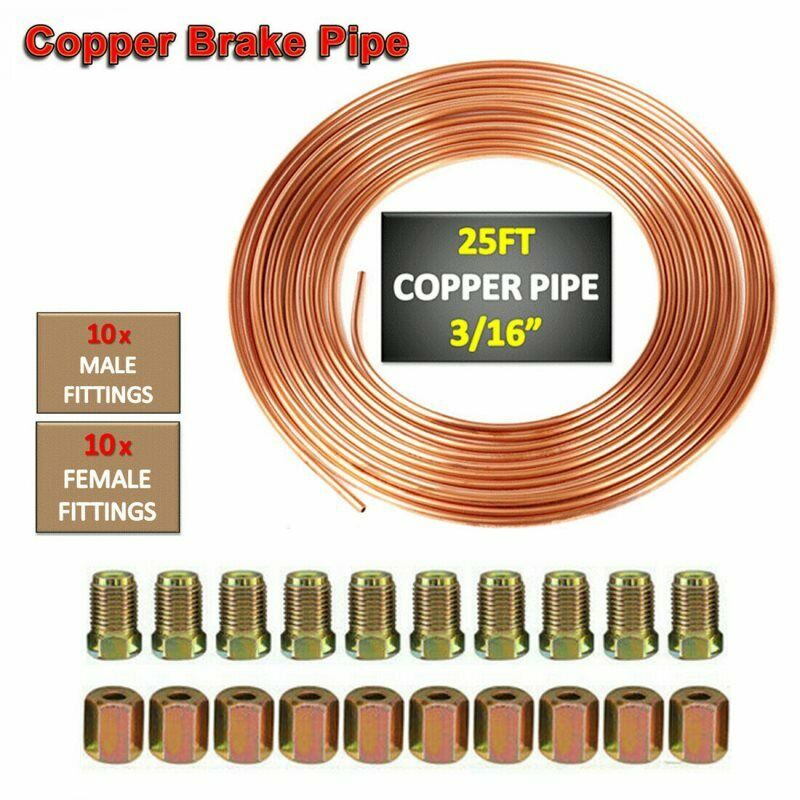 25FT 3/16" Copper Brake Pipe Tube Hose Kits 10mm Fittings Male+Female Nuts J Ew