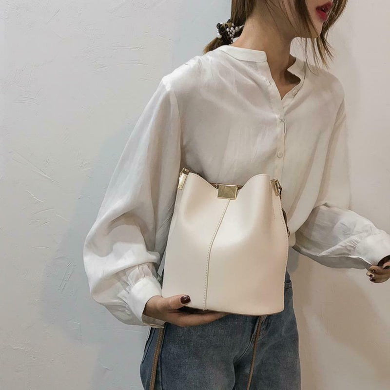 Simple Pure Women Leather Shoulder Bags Casual Messenger Bucket (White)