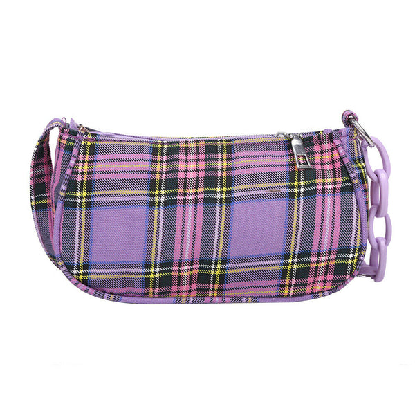 Retro Plaid Women Shoulder Underarm Bag Chain Handbags Canvas Tote (Purple)