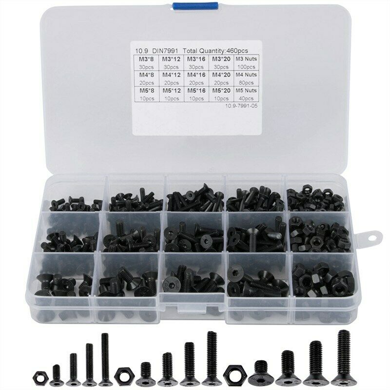 460Pcs M3 M4 M5 Alloy Steel Countersunk Flat Head Hex Socket Cap Screws Nut G8X7