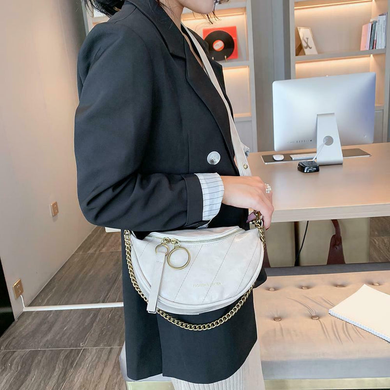 Fashion Leather Crossbody Bags Women Chain Shoulder Travel Handbag (Beige)