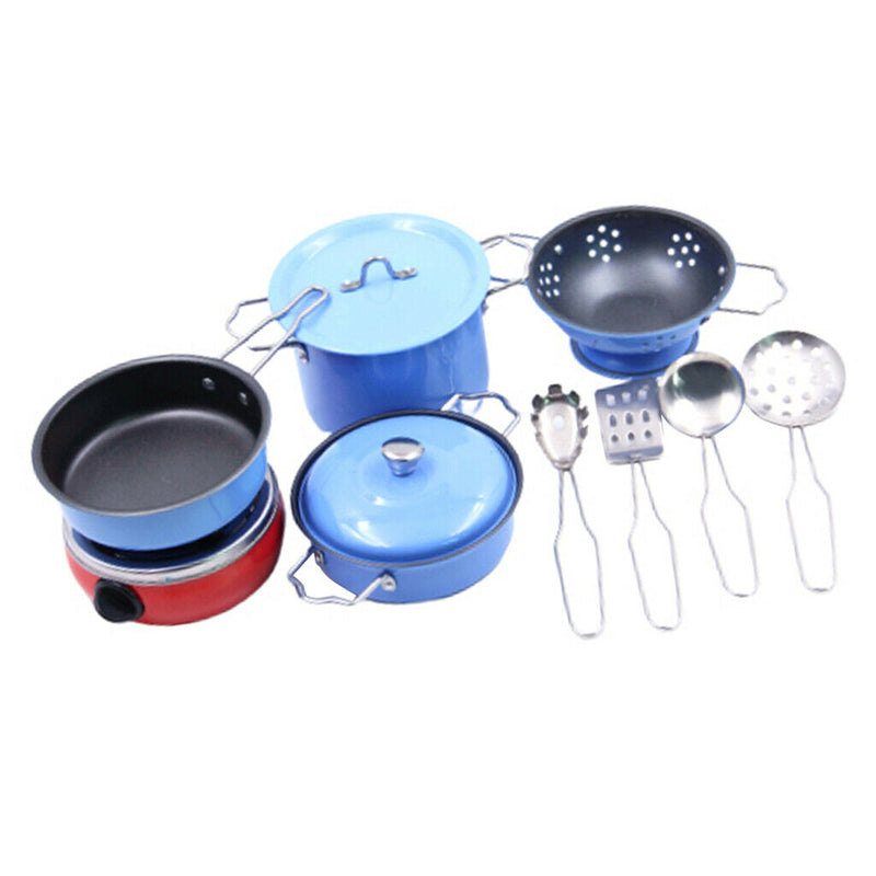 11Pcs Kitchen Pretend Play Stainless Steel Toys with Cooker & Pots Pans & Spoon