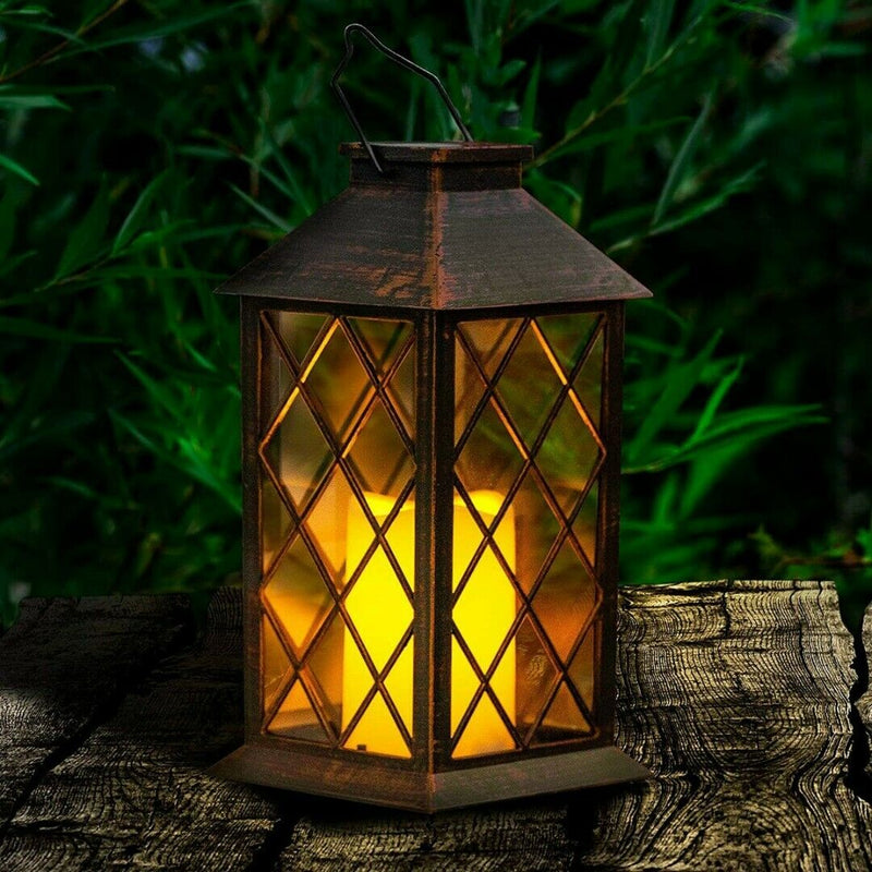 Solar Powered Lamp Candle Hanging Lantern Outdoor Patio Garden Light Iron