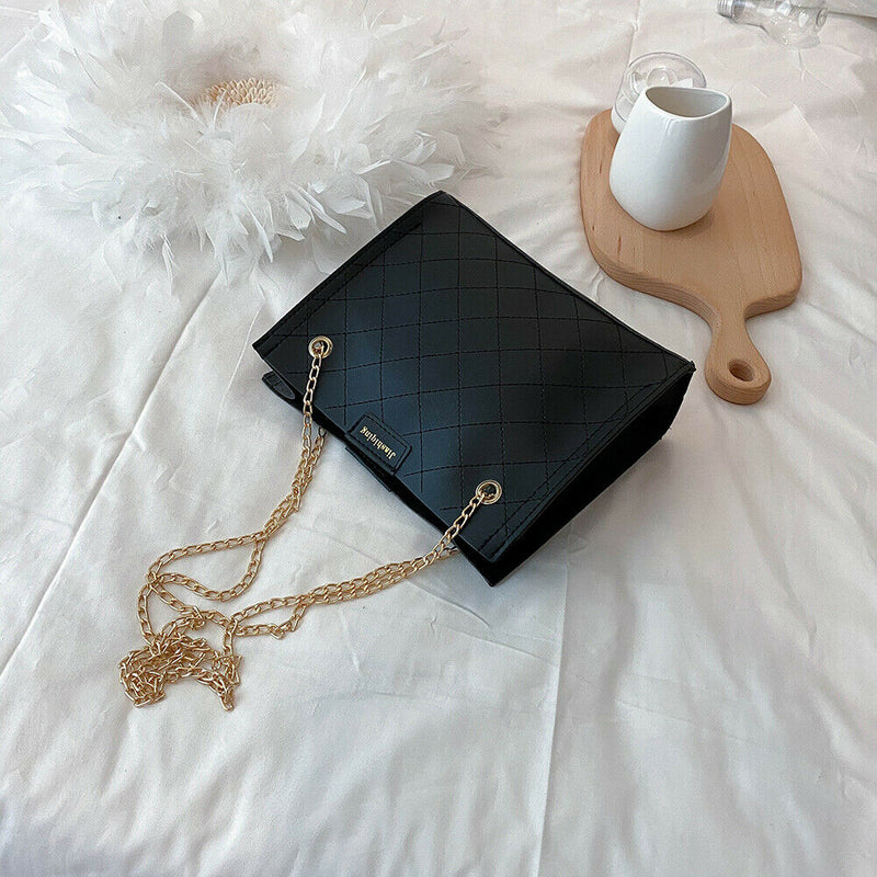 Lattice Pattern Women Shoulder Handbag Leather Chain Crossbody Bag (Black)