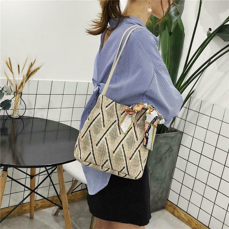 Silk Decor Shoulder Handbags Straw Women Top-handle Shopping Totes (Beige) A