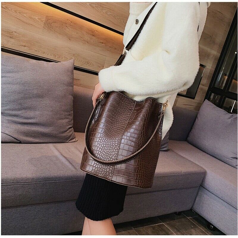 Women Large Capacity Alligator Bucket Bags Crocodile Pattern Handbag Casual I1A4