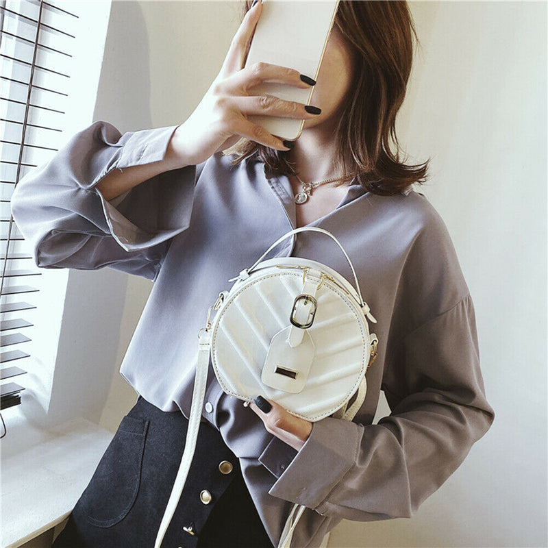 Creative Round Shoulder Bag Leather Small Women Crossbody Handbag (White) A