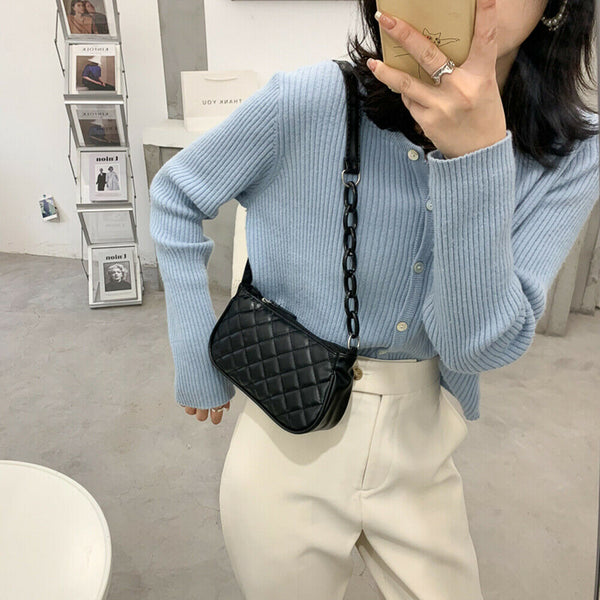 Fashion Lattice Pattern Women Handbag Chain Shoulder Underarm Bag (Black)