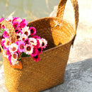 Natural Round Straw Basket Bin Handmade with Handgrip Orange 33X21X26cm B5O4