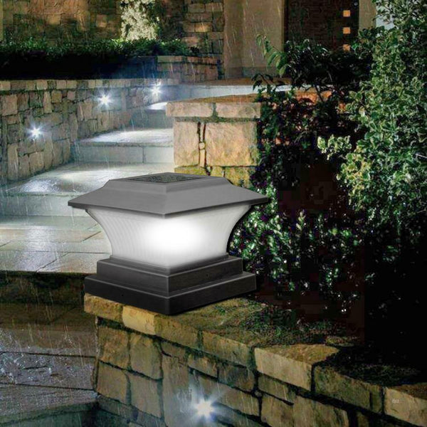 Solar Power LED Pillar Lamp Outdoor Garden Fence Light (Cold White Black) A#S