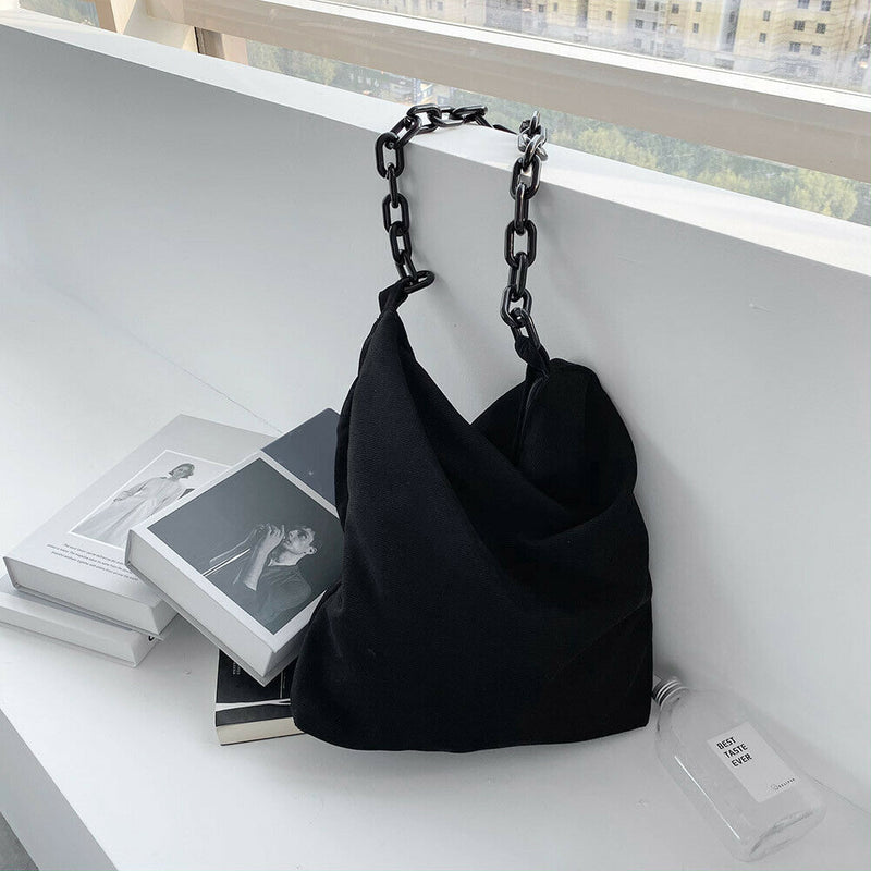 Fashion Corduroy Handbag Chain Totes Lady Shoulder Shopping Bag (Black)